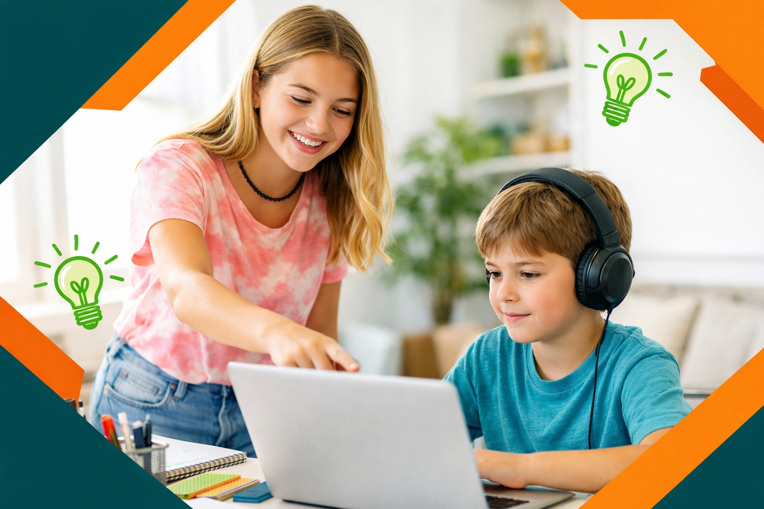 A teenage girl mentors her sibling using the Complete Life Skills Platform for leadership and service.