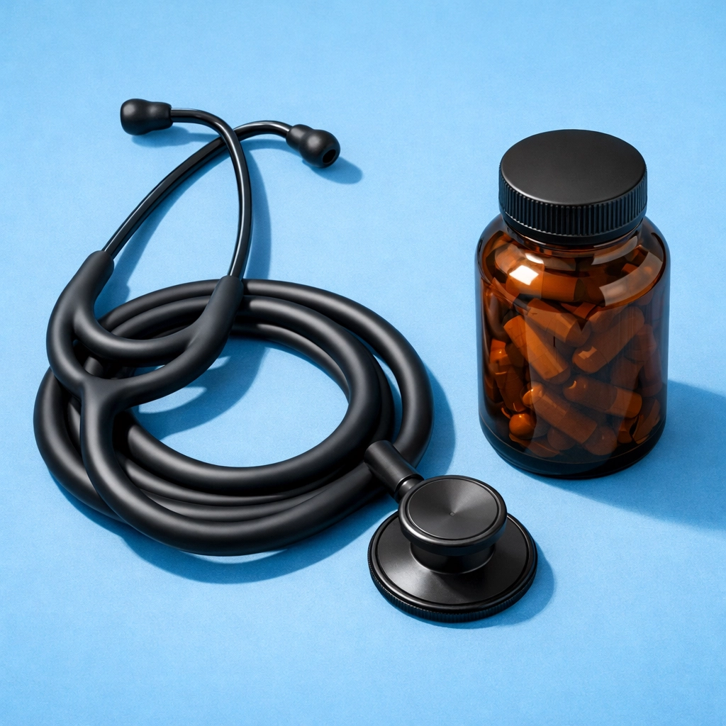 Stethoscope next to an ashwagandha bottle representing medical safety and GP consultation.