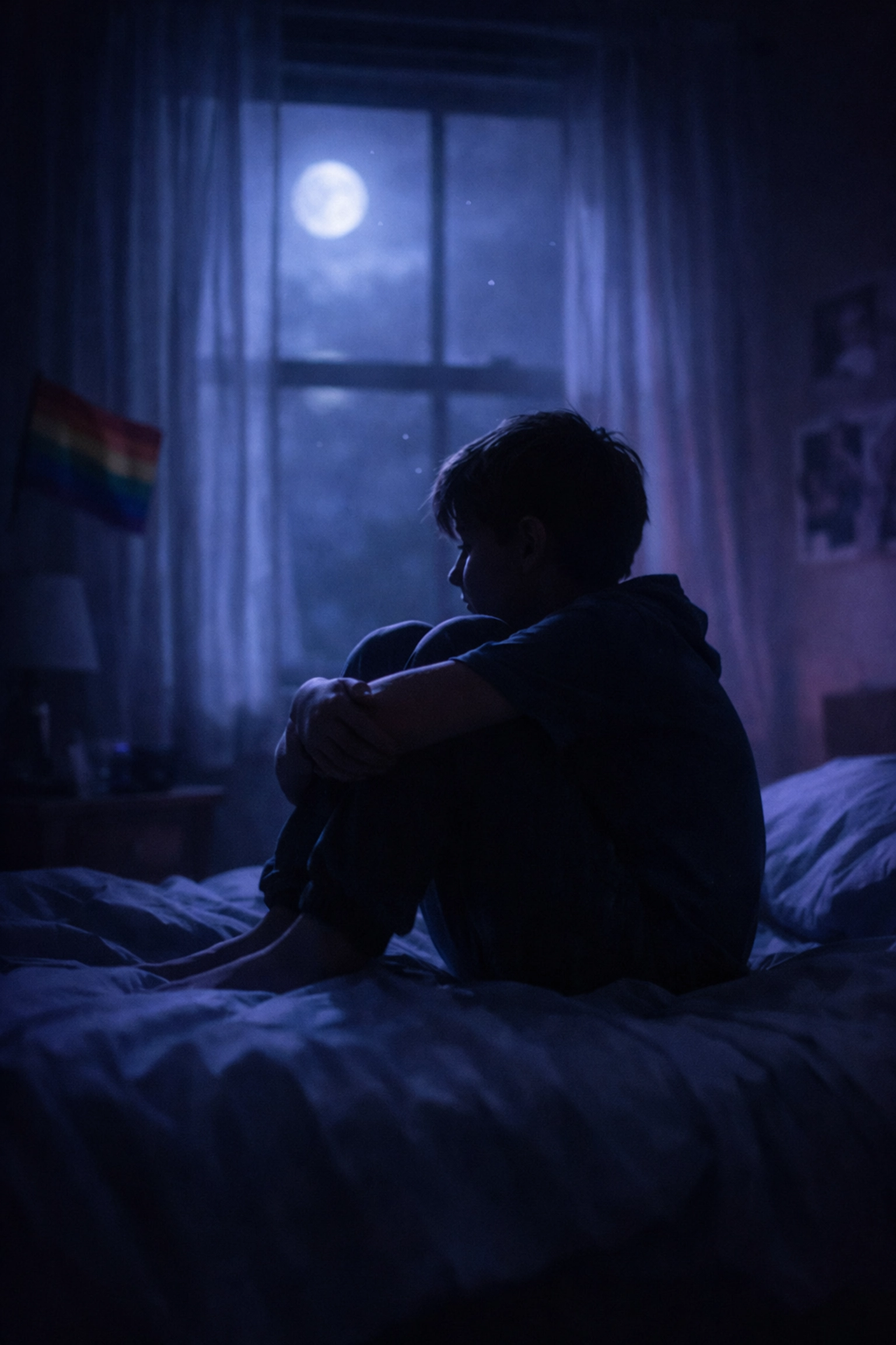 Young boy sitting alone at night contemplating his different feelings and LGBTQ+ identity