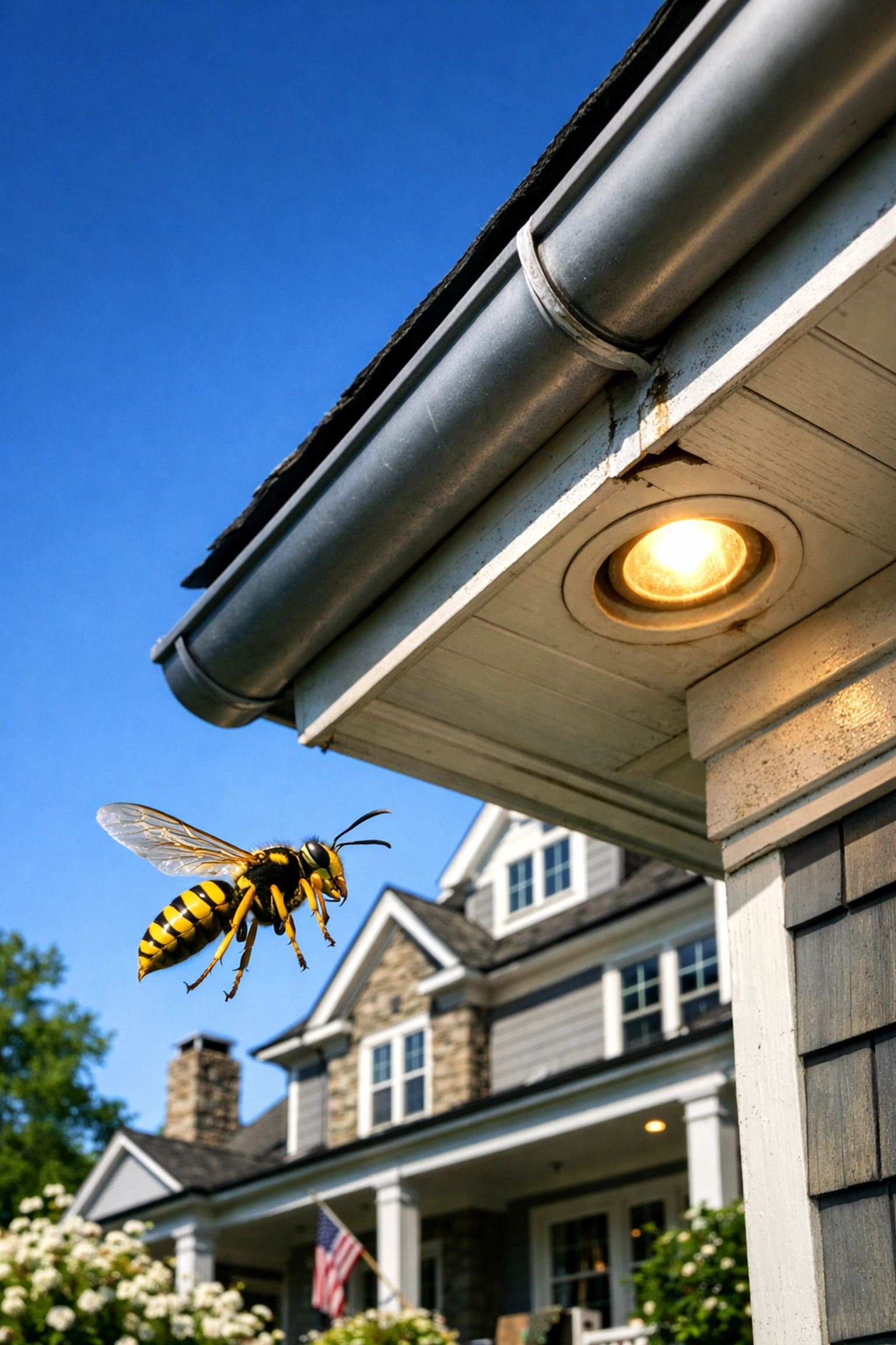 Yellowjacket flying toward home soffit vents, highlighting Westchester residential pest risks.