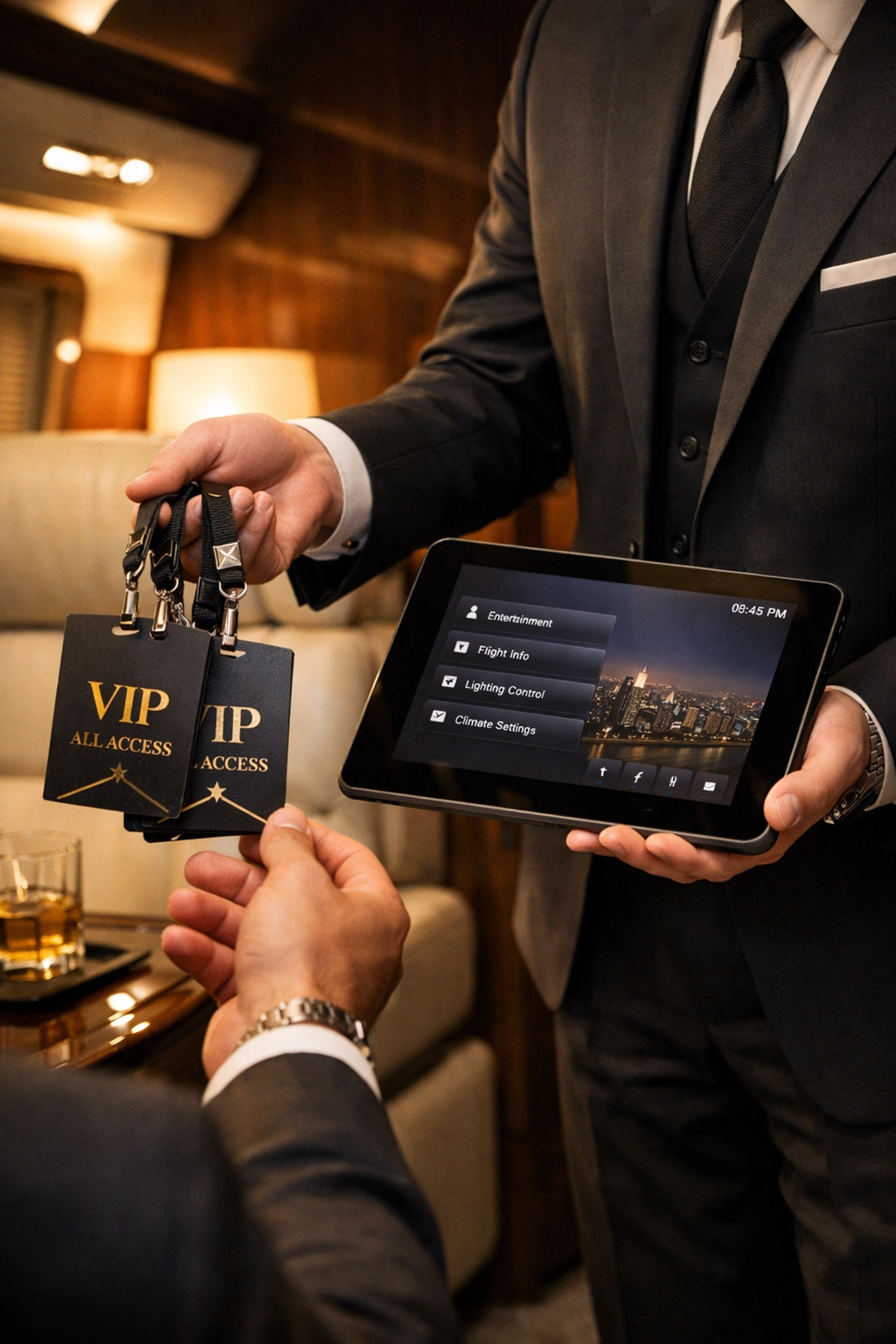 Professional VIP concierge providing personalized service to a corporate executive.