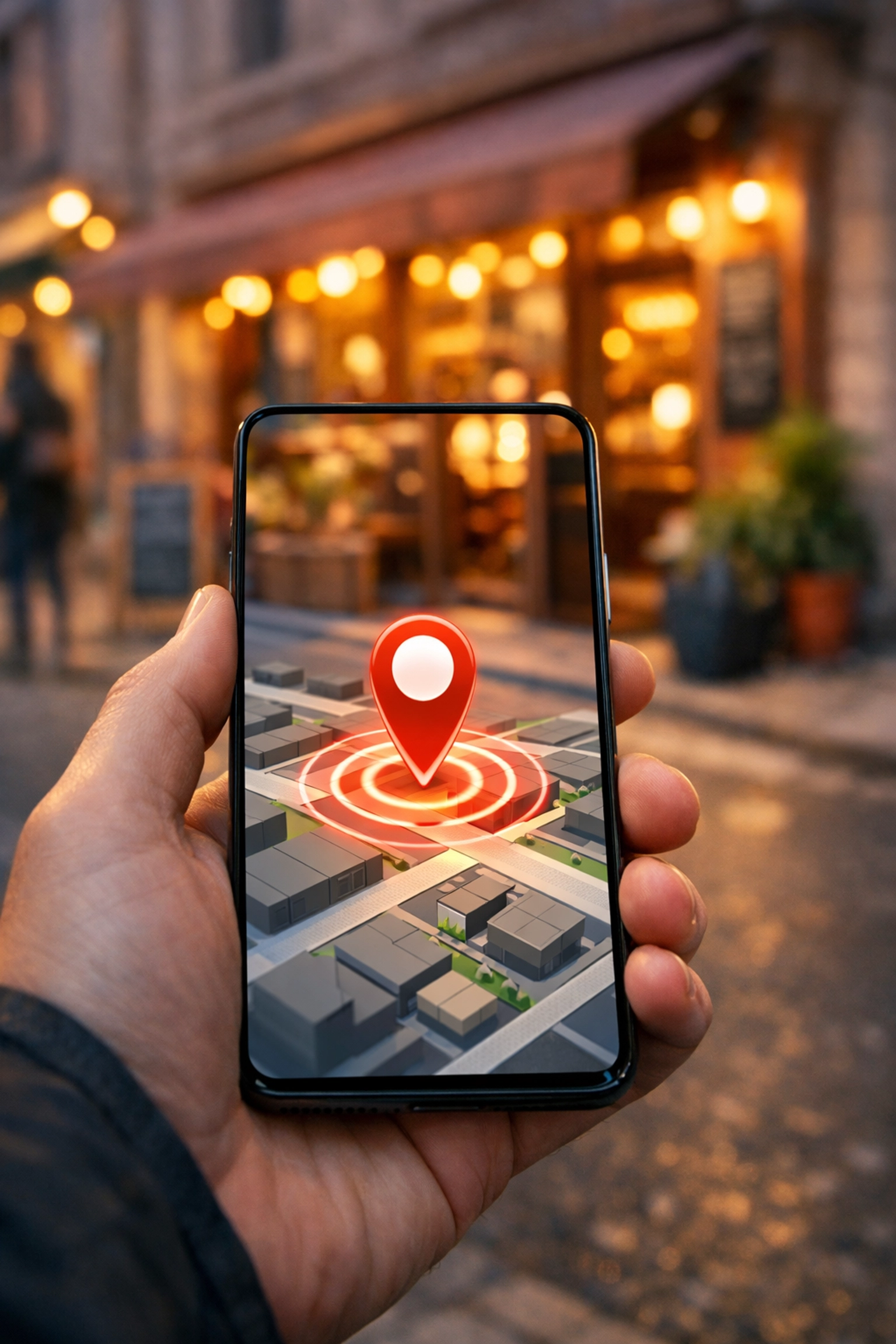 Local business location pin on a smartphone map optimized for near me search results.