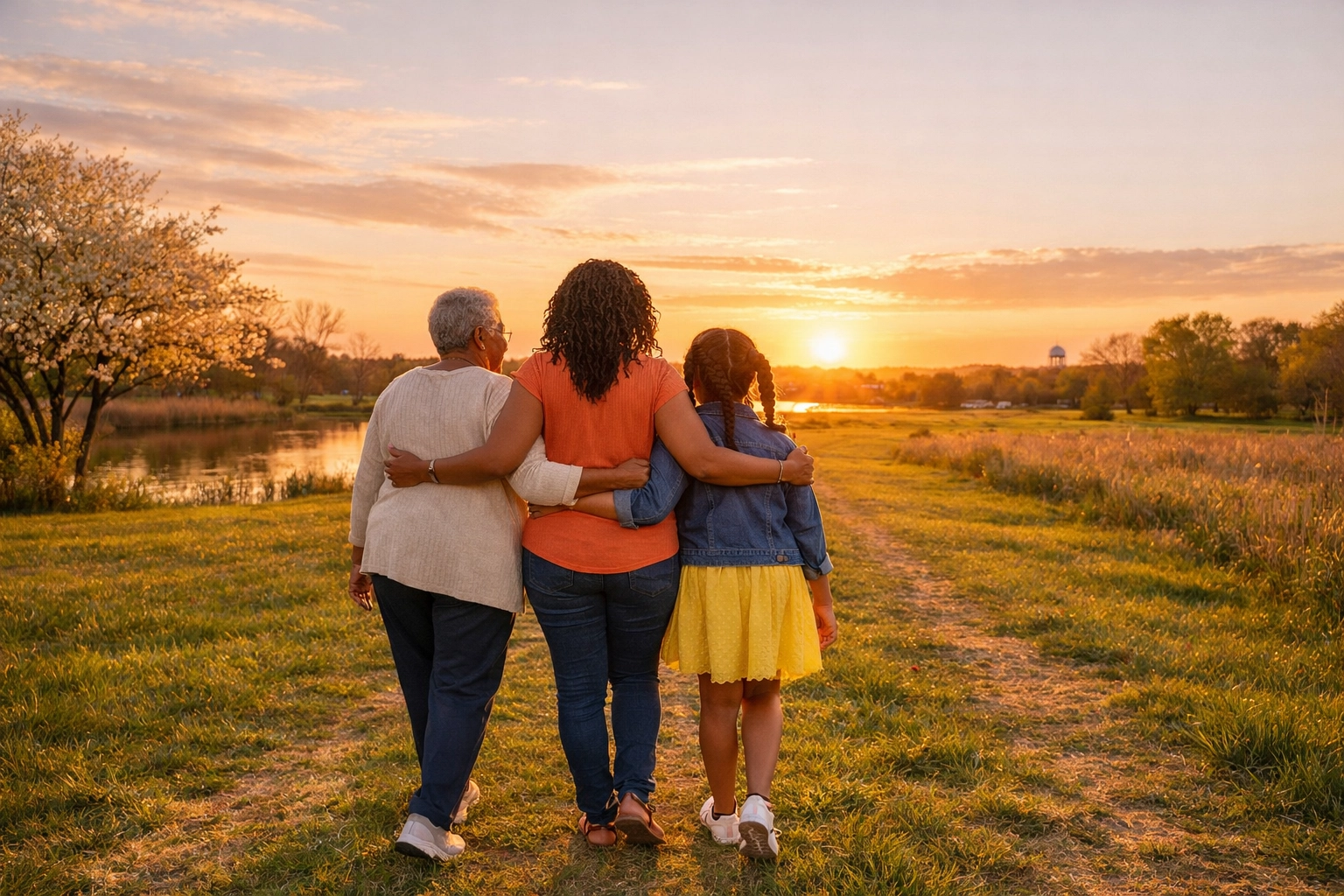 Grandmother, mother, and daughter walking in a South Jersey park, representing a bright future for local families.