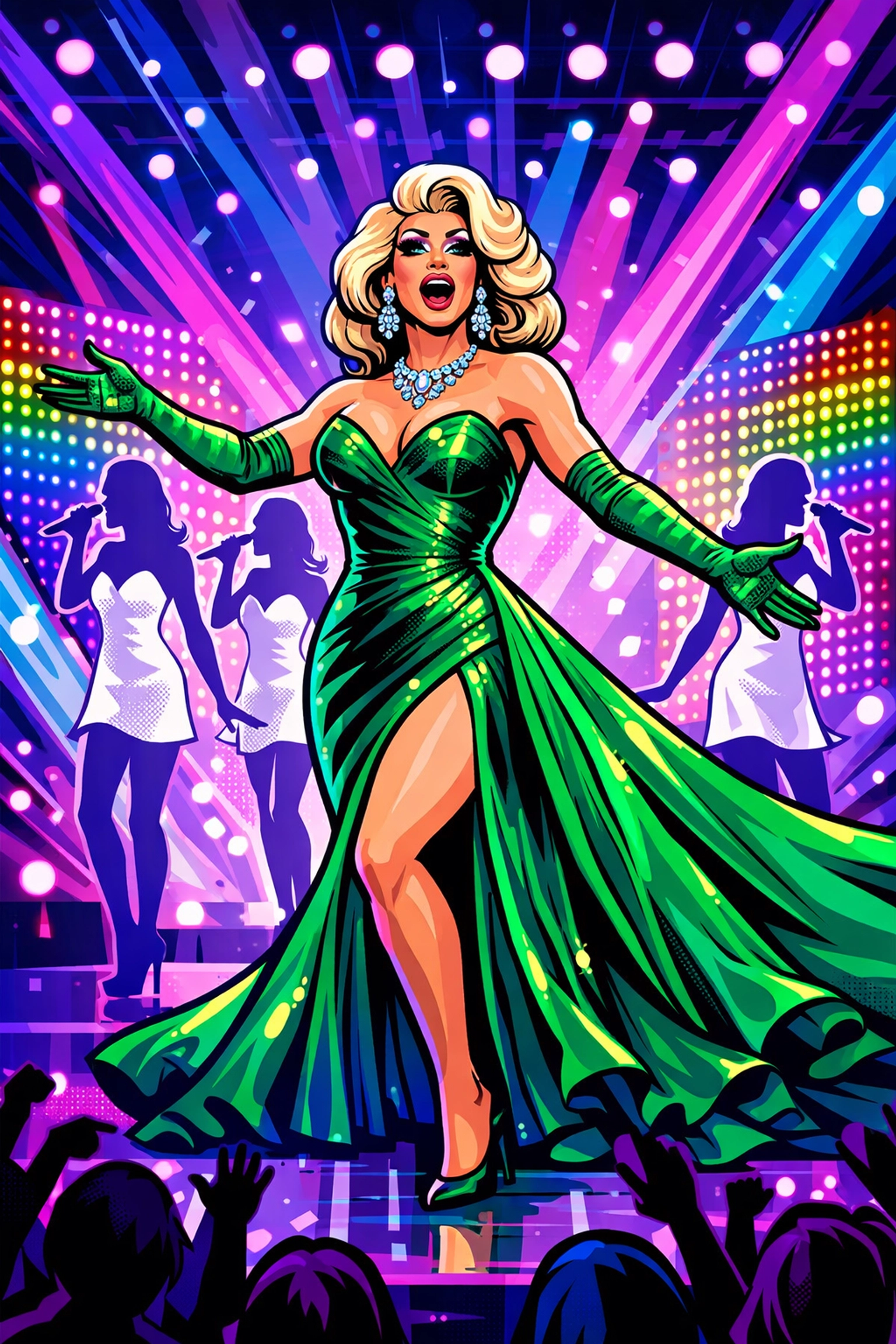 Dana International performing on Eurovision stage in emerald gown with backup singers and dramatic lighting