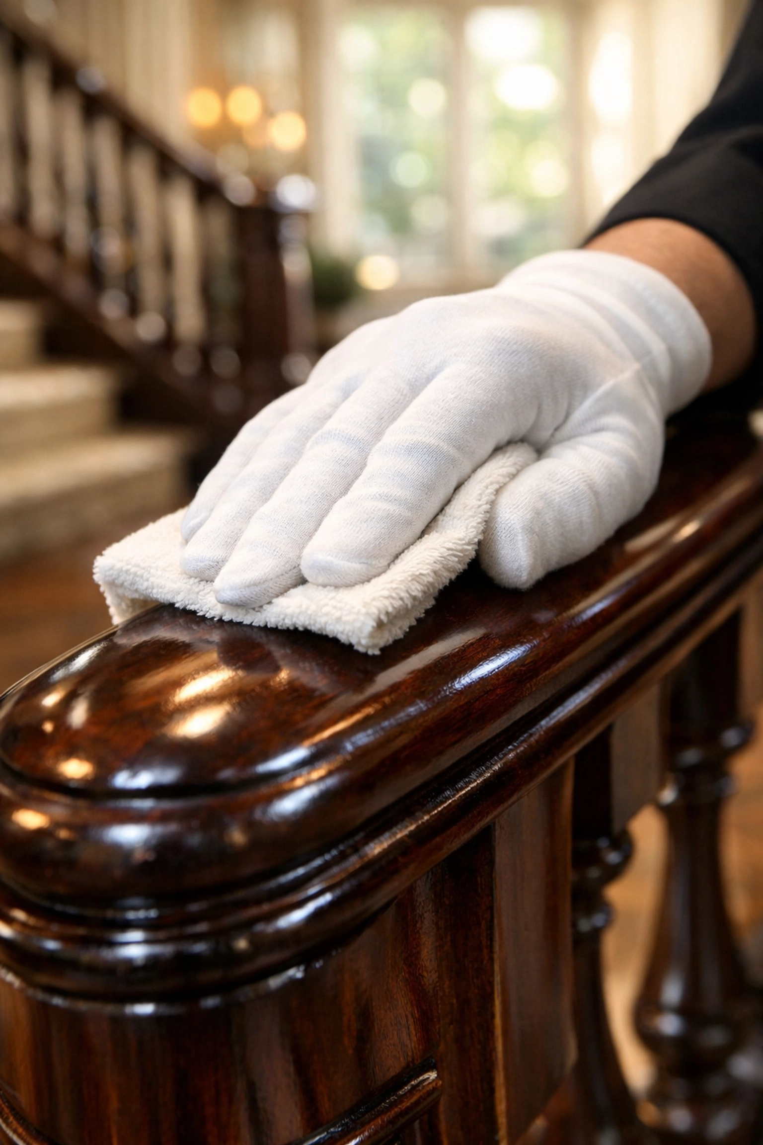 Close-up of professional cleaning services detailing a wood bannister for a spotless Medfield home.