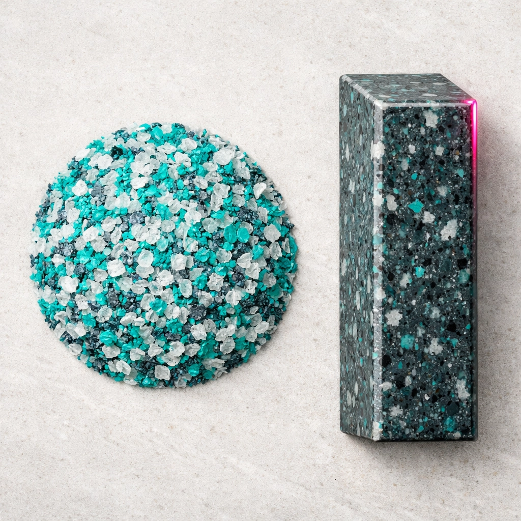 Circular economy in action: Raw recycled plastic flakes next to a finished durable plastic bollard segment.