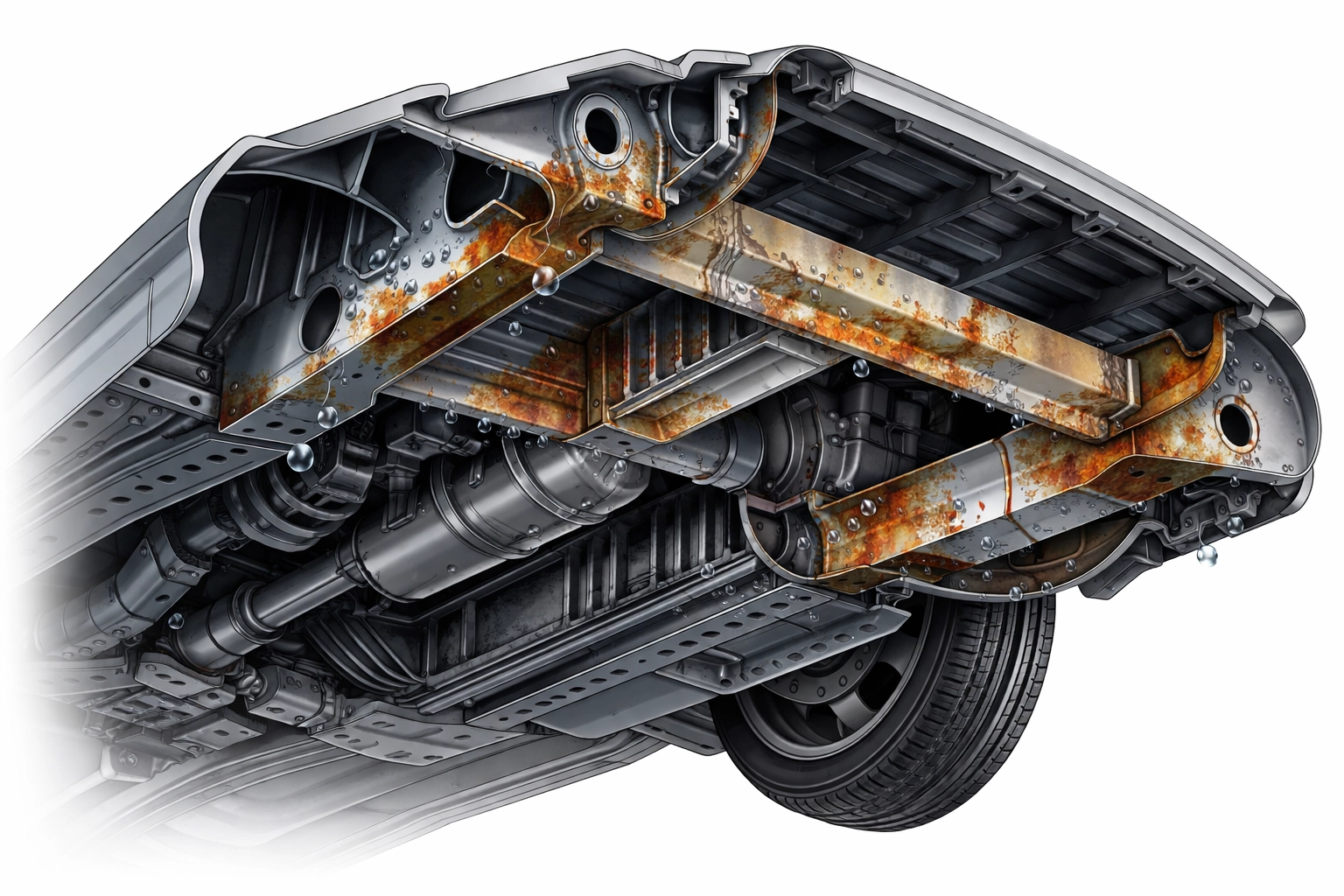 Diagram of a car’s undercarriage showing trapped water in cavities and early rust, highlighting hidden corrosion risks