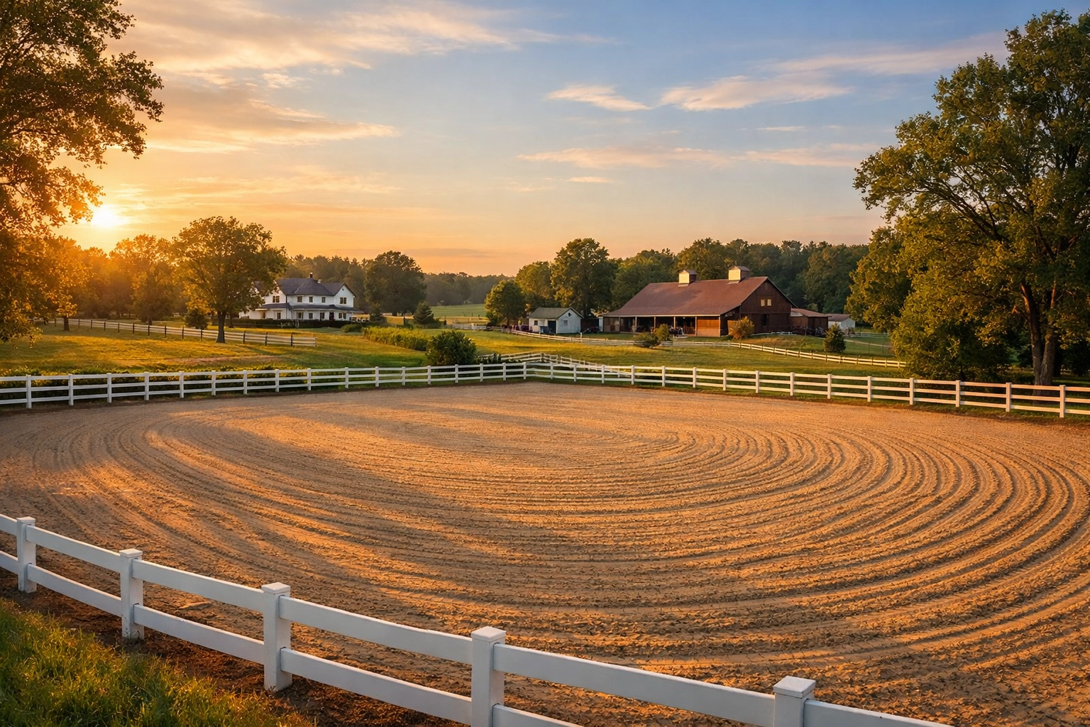 Outdoor riding arena at North Carolina horse farm with proper fencing and drainage