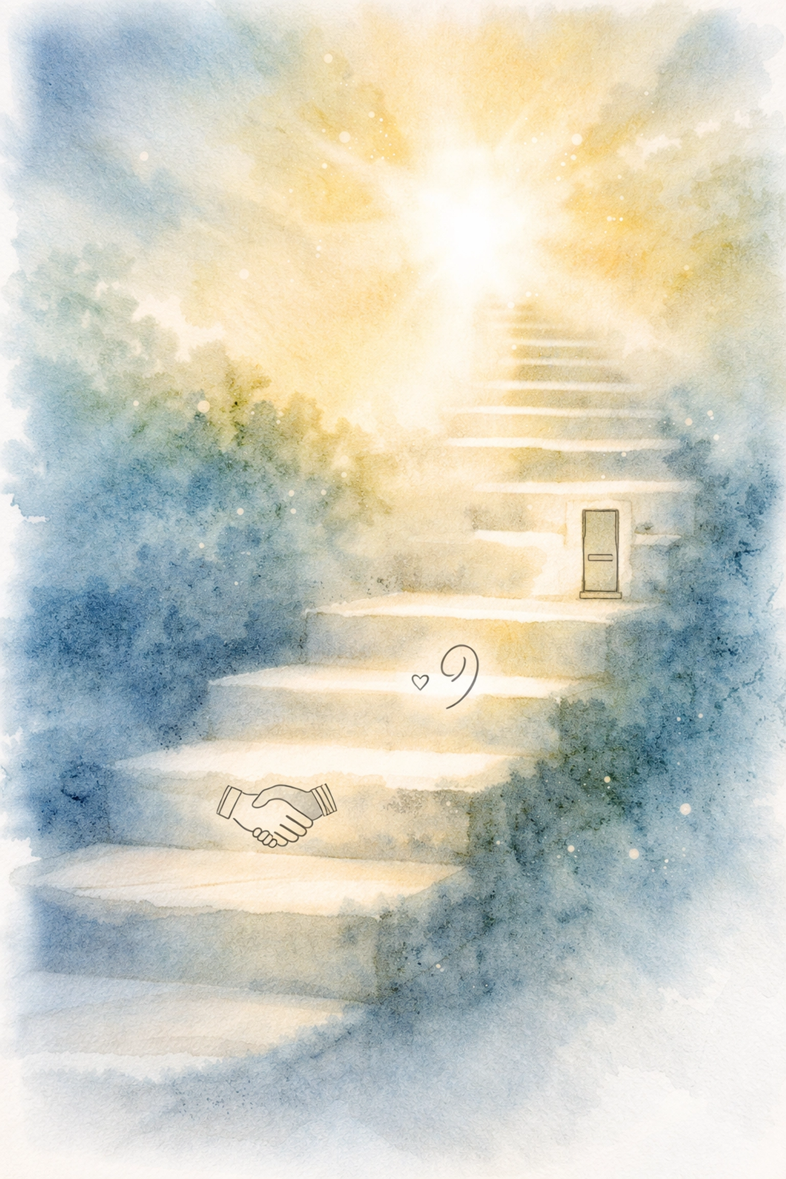Watercolor illustration of a staircase bathed in soft light, symbolizing the journey of building trust and commitment in Christian leadership.