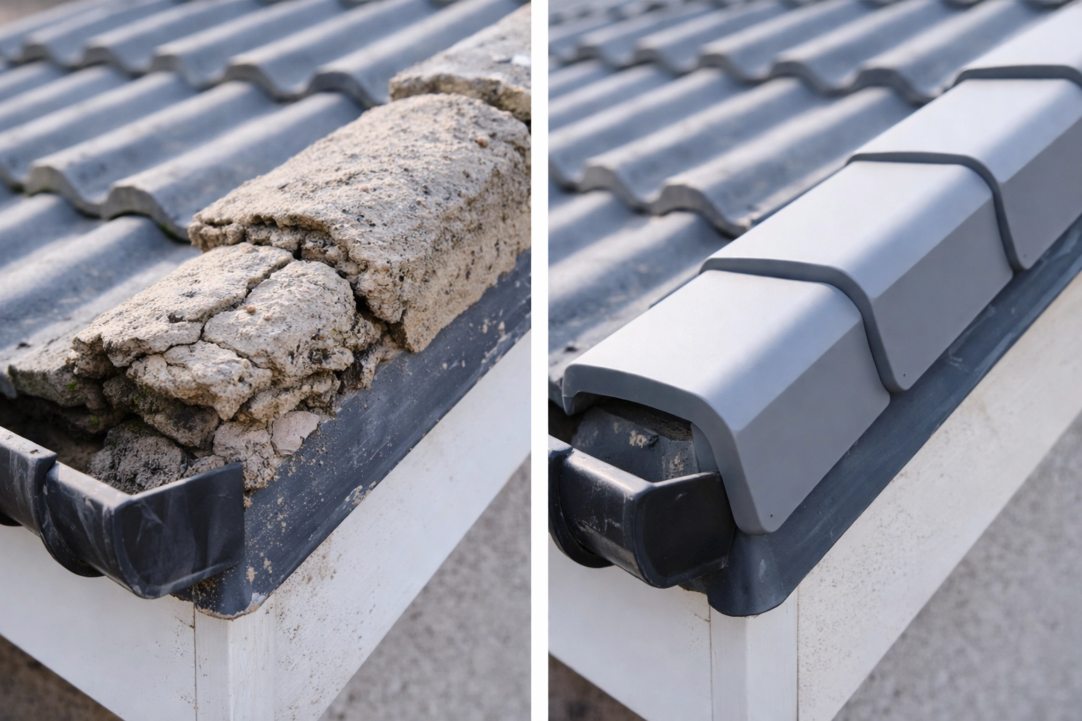 Side-by-side comparison of old cracked mortar verge and new dry verge system showing improved roof protection