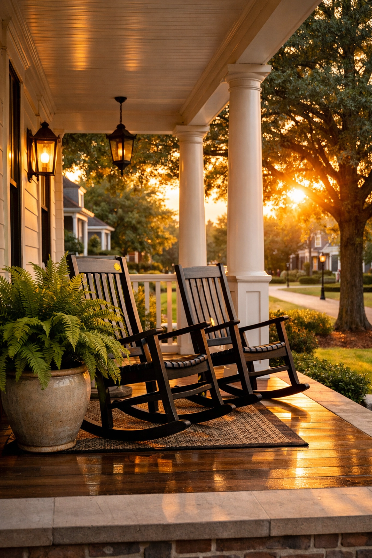 Classic Southern front porch with rocking chairs on a new construction estate, perfect for moving to Waxhaw NC.