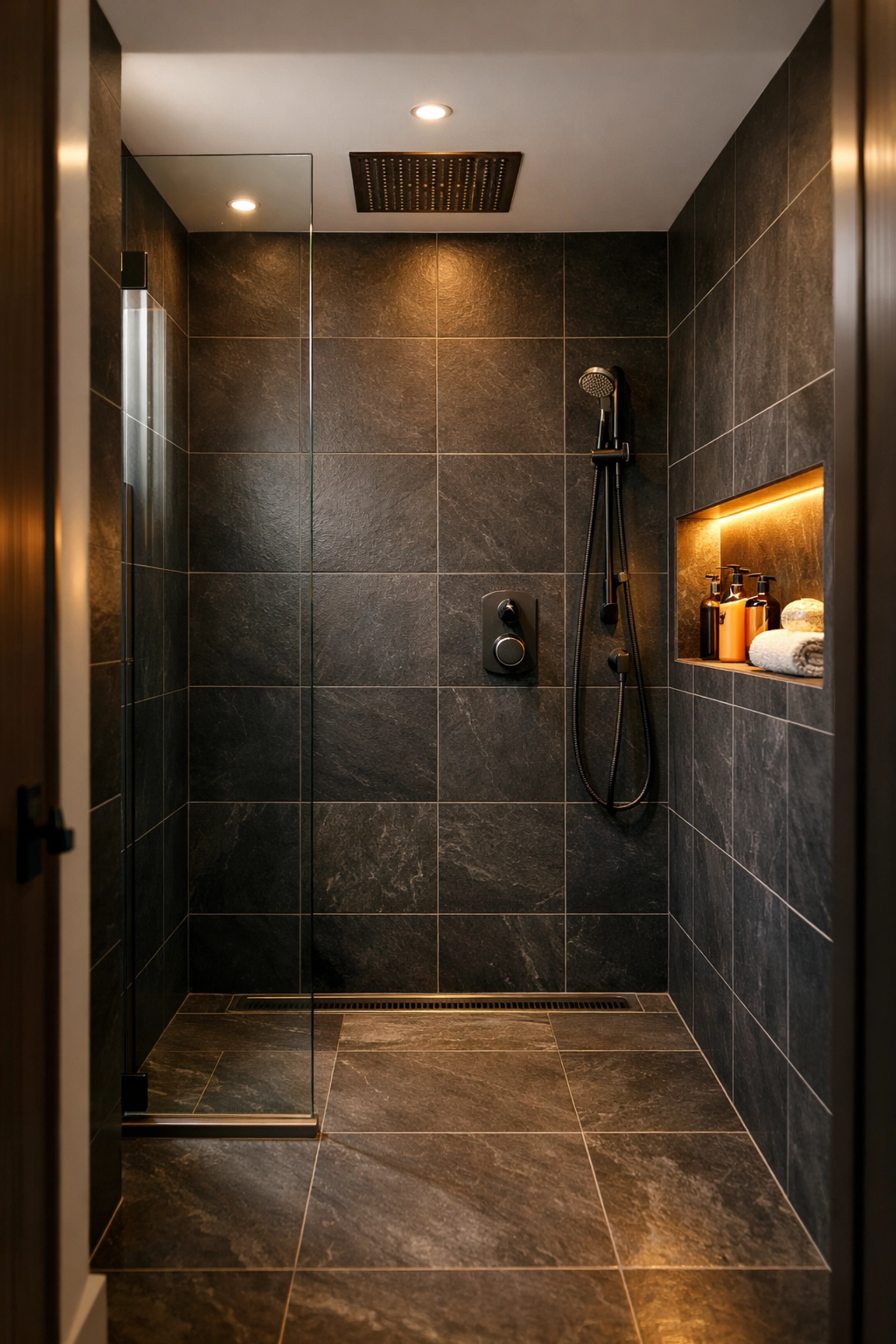 Completed walk-in shower installation with charcoal slate tiles and recessed LED lighting in West Sussex.