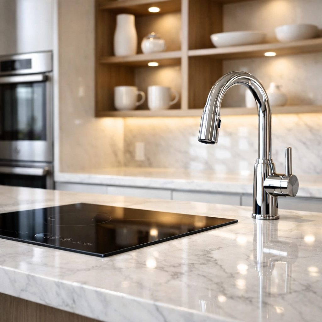 Immaculate luxury apartment kitchen with marble countertops, reflecting high standards for move-out cleaning.