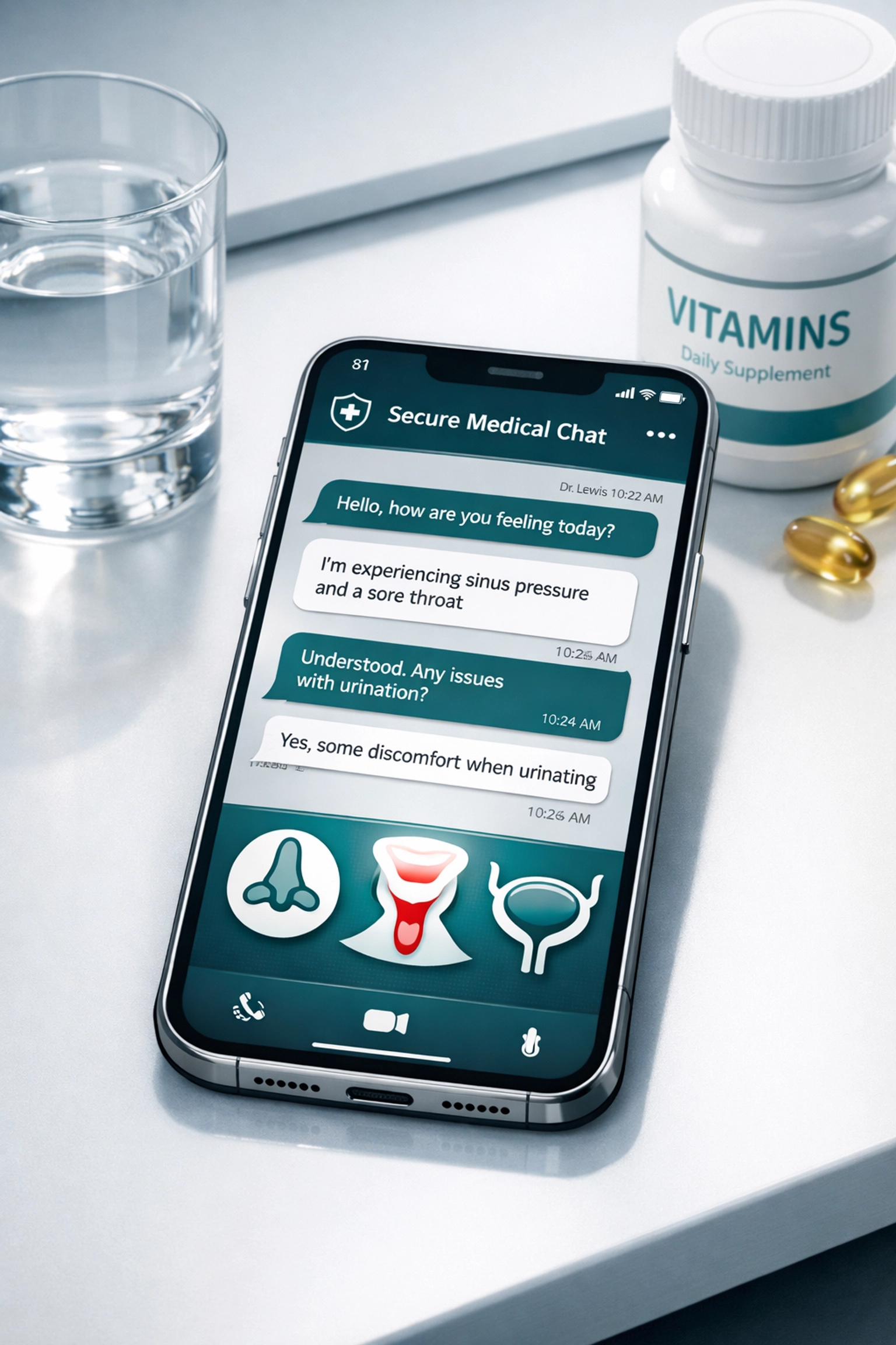 Smartphone displaying secure medical messaging for online urgent care treatment of UTI and sinus symptoms.