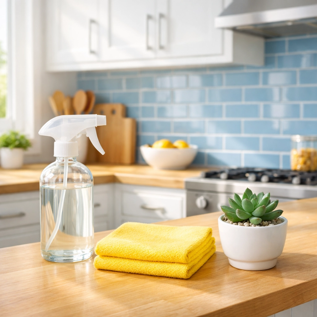 Eco-friendly supplies used for weekly house cleaning Phillipston MA in a bright, modern kitchen.