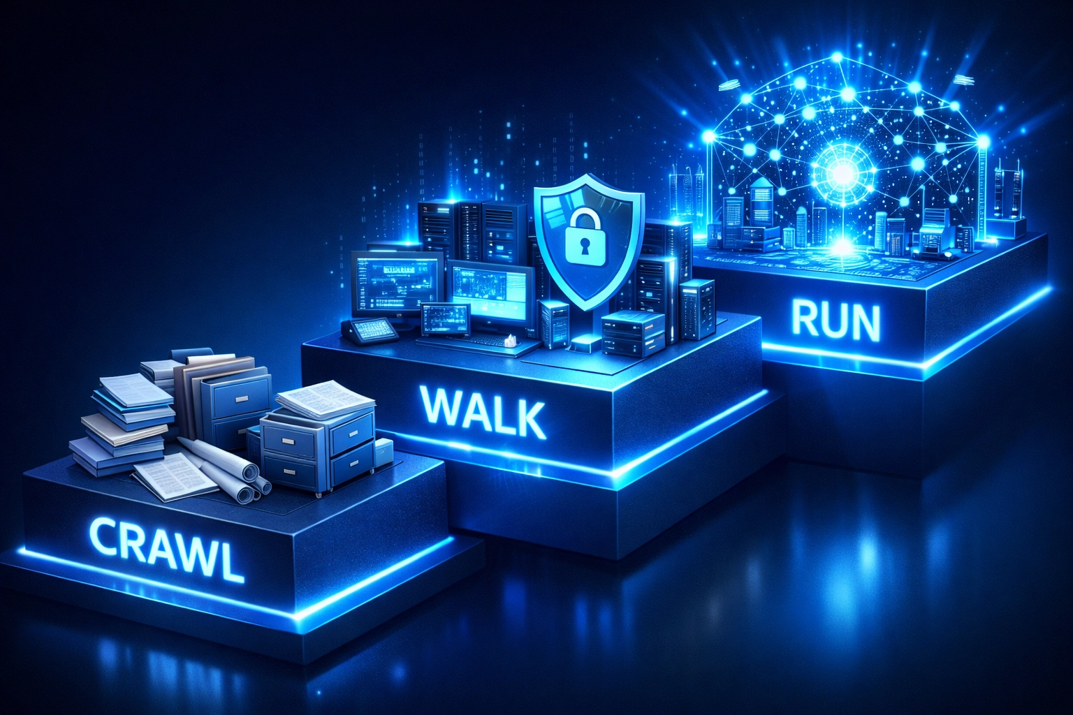 CMMC compliance stages for defense contractors: crawl, walk, run progression approach