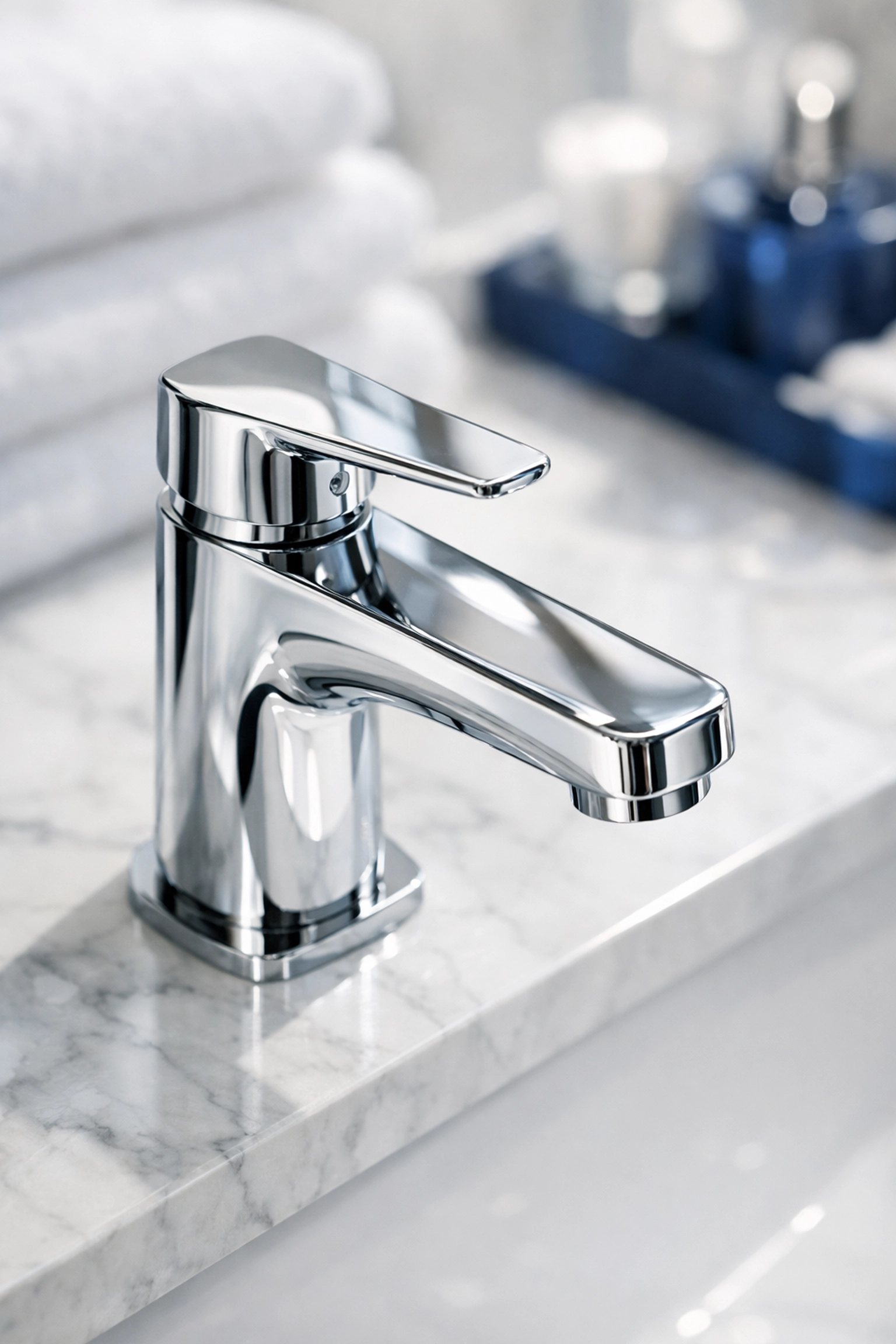 Pristine chrome bathroom faucet on marble vanity showing a scratch-free finish.