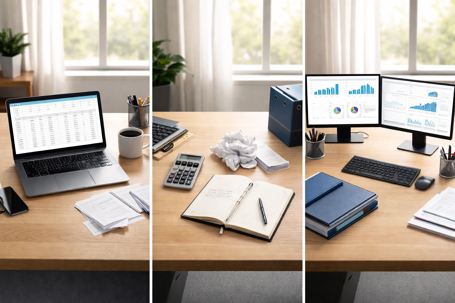 Comparison of bookkeeping approaches with DIY software, manual records, and professional services in a modern office setting