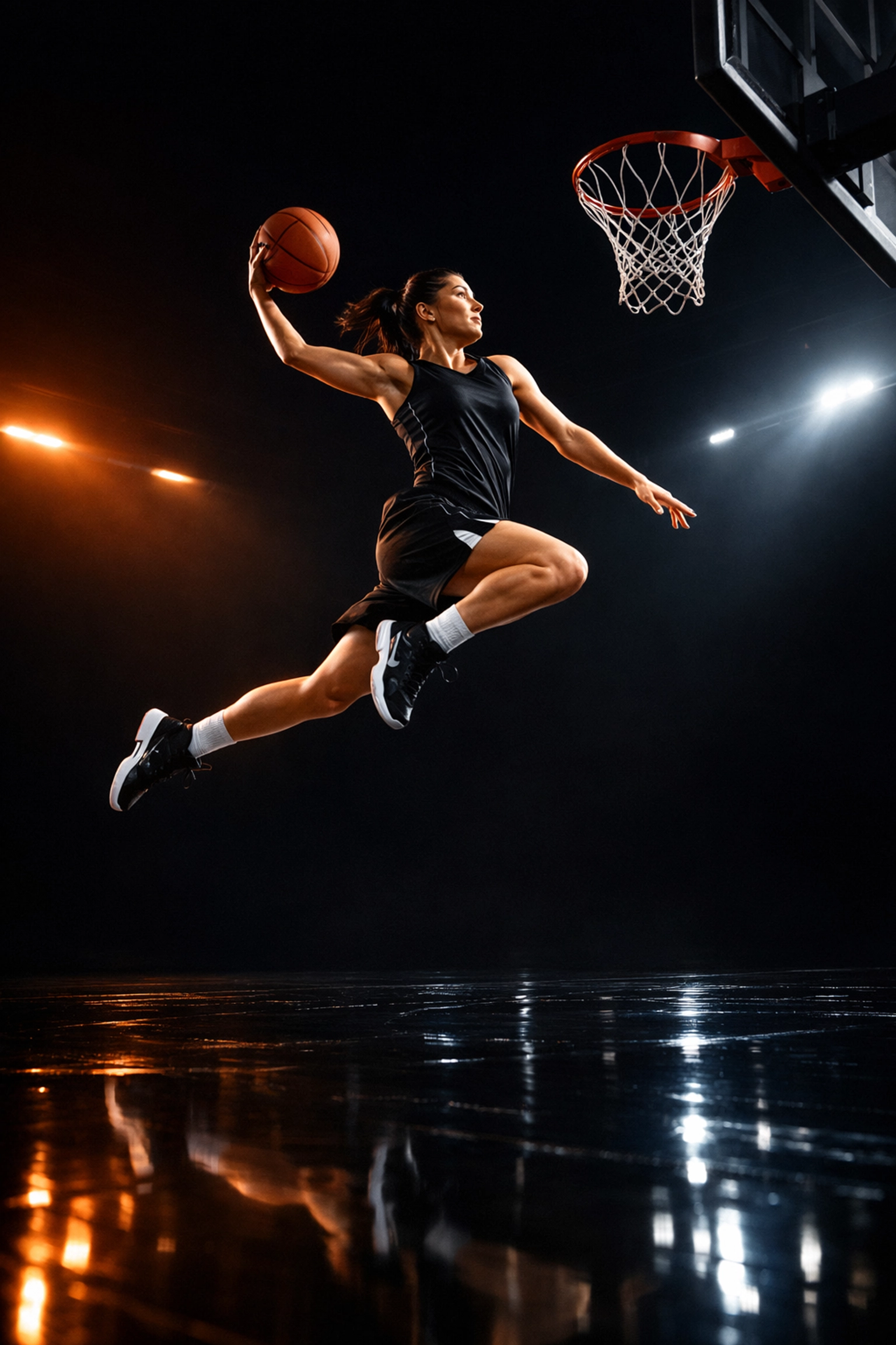 Elite athlete mid-air jump toward a hoop, representing Azzi Fudd's Jordan Brand NIL deal and 2026 WNBA draft potential.