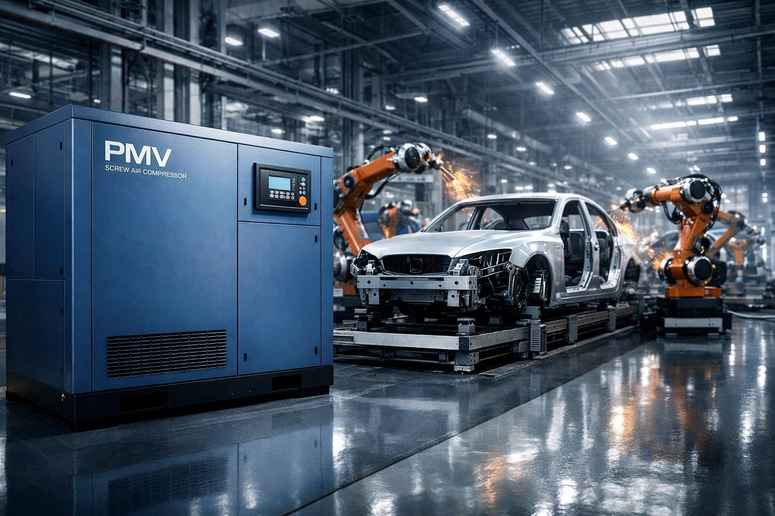 PMV screw air compressor powering robotic arms on a modern automotive assembly line.