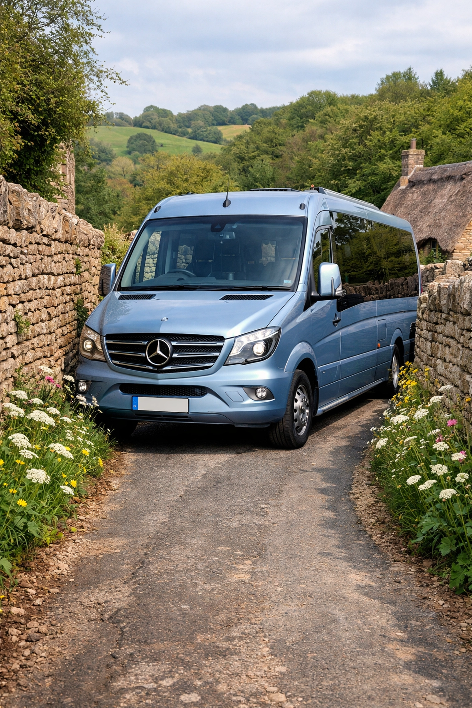 A small Shakespeare Coaches minibus navigating the narrow, winding lanes of the Cotswolds.