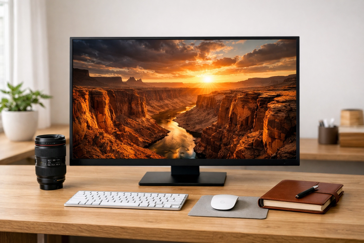A professional photography workspace featuring a high-resolution canyon landscape for portfolio curation.