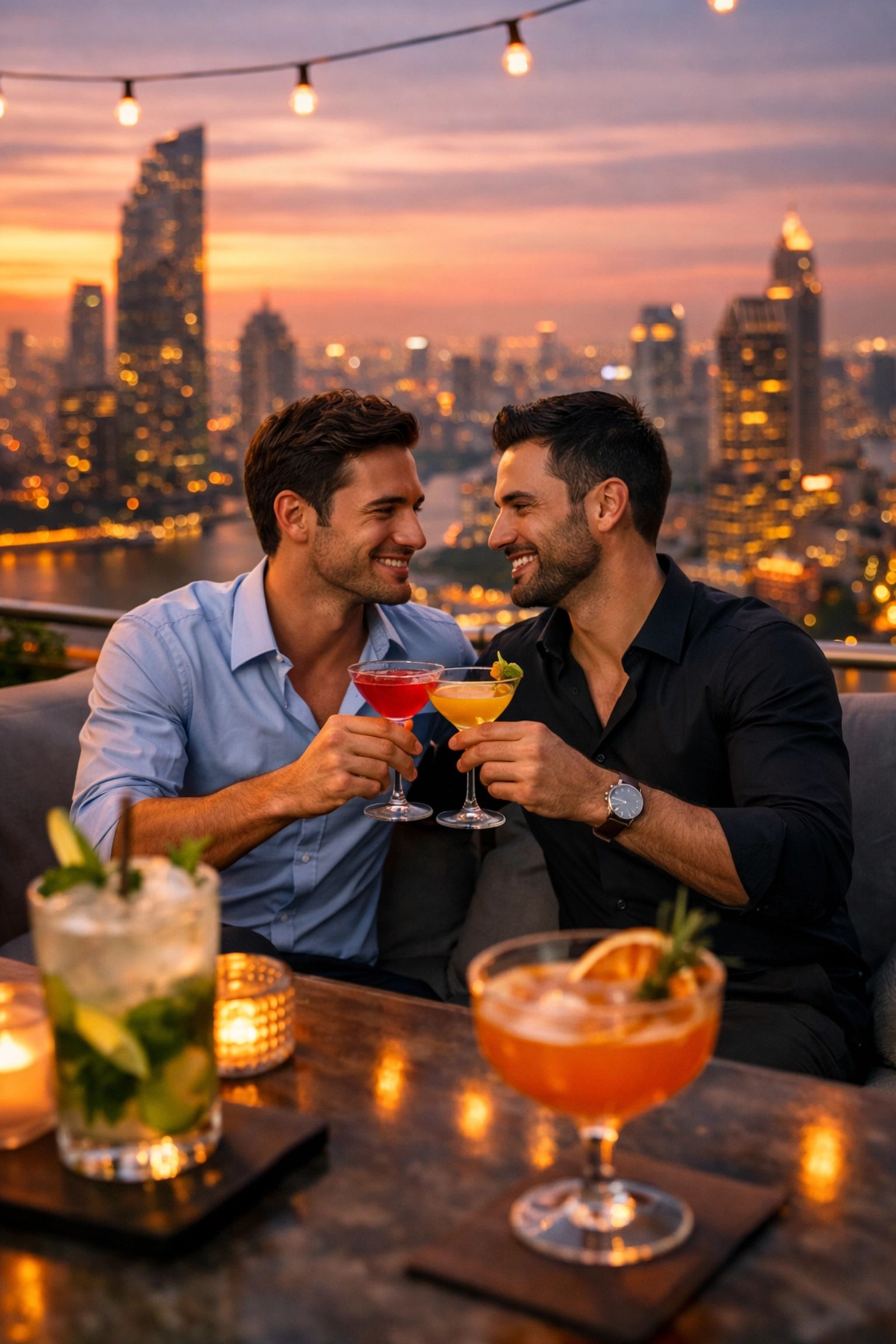 Gay couple toasting at Bangkok rooftop bar with city skyline during Valentine's celebration