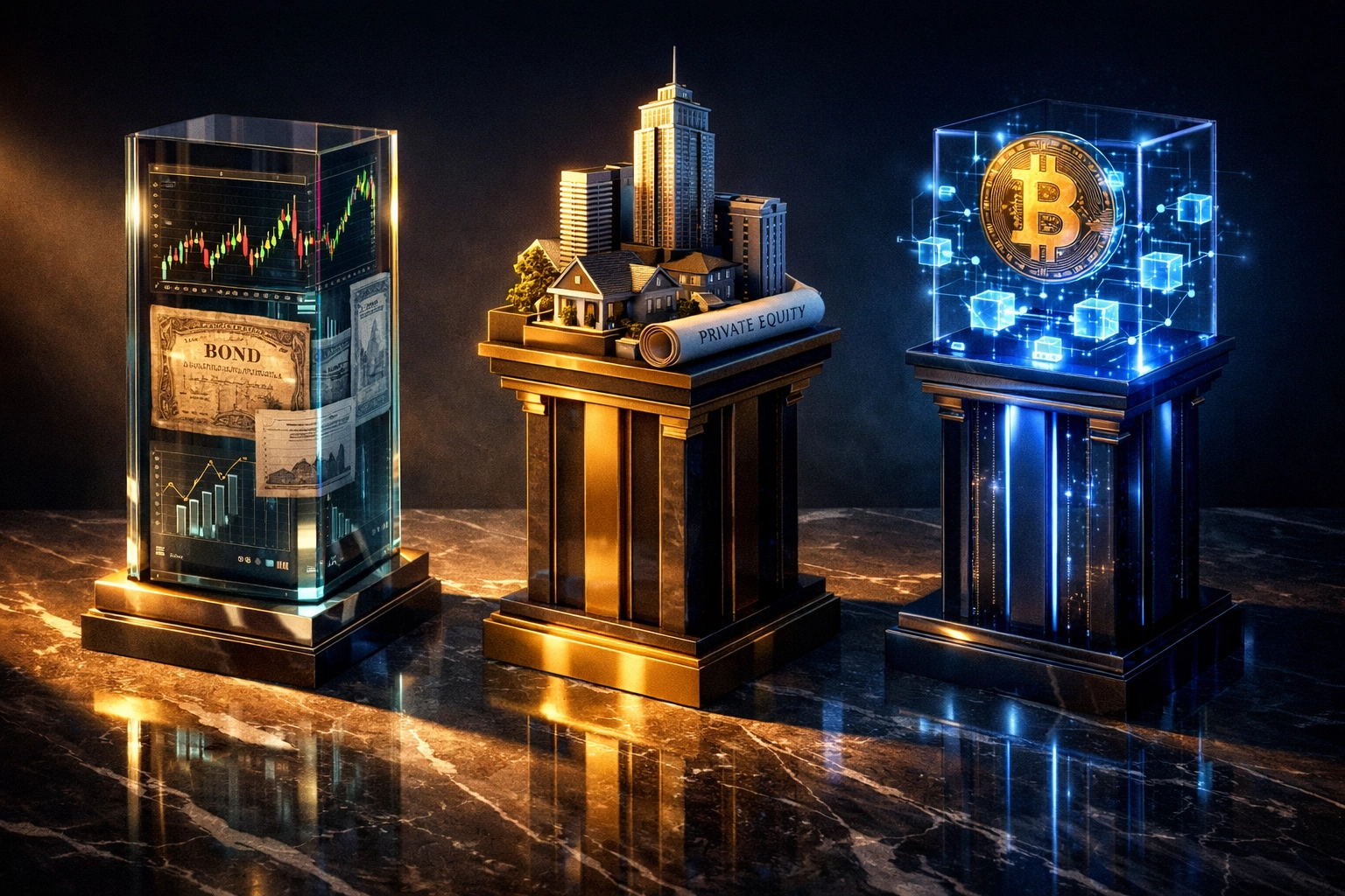 Three pillars representing traditional assets, private equity, and cryptocurrency in modern portfolio diversification
