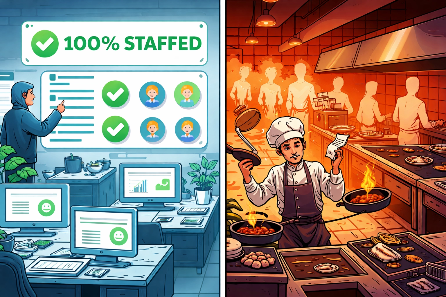 Split-screen illustration of HR dashboard showing full staff versus a real kitchen understaffed and chaotic, highlighting ghost hiring in restaurants
