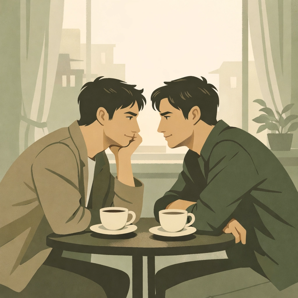 Bisexual male couple in deep conversation at café showing authentic MM romance connection