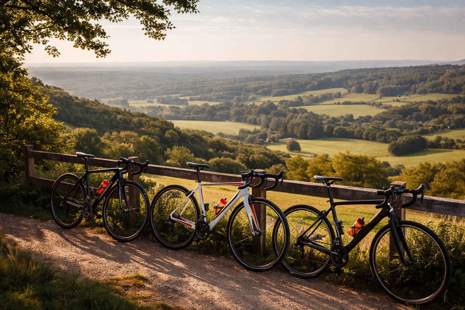 Road bikes resting at Box Hill viewpoint with panoramic views of the North Downs, perfect for team cycling days