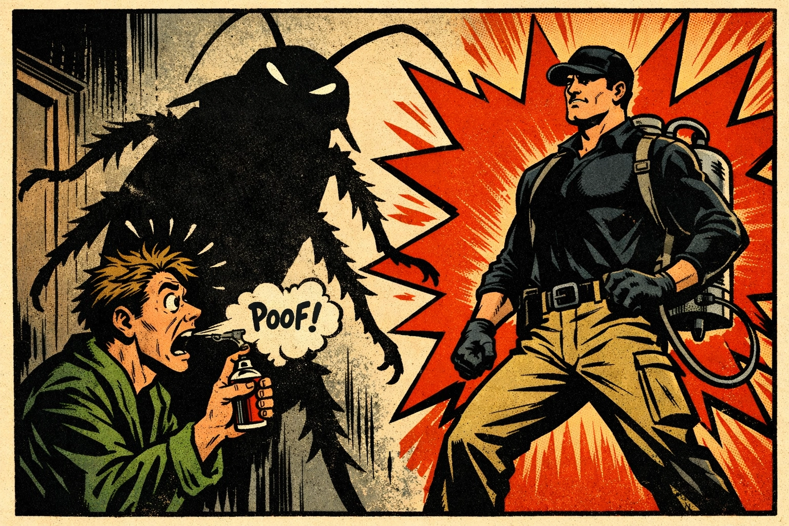 A Pest X technician arriving to save a homeowner from a large roach infestation after DIY spray fails.