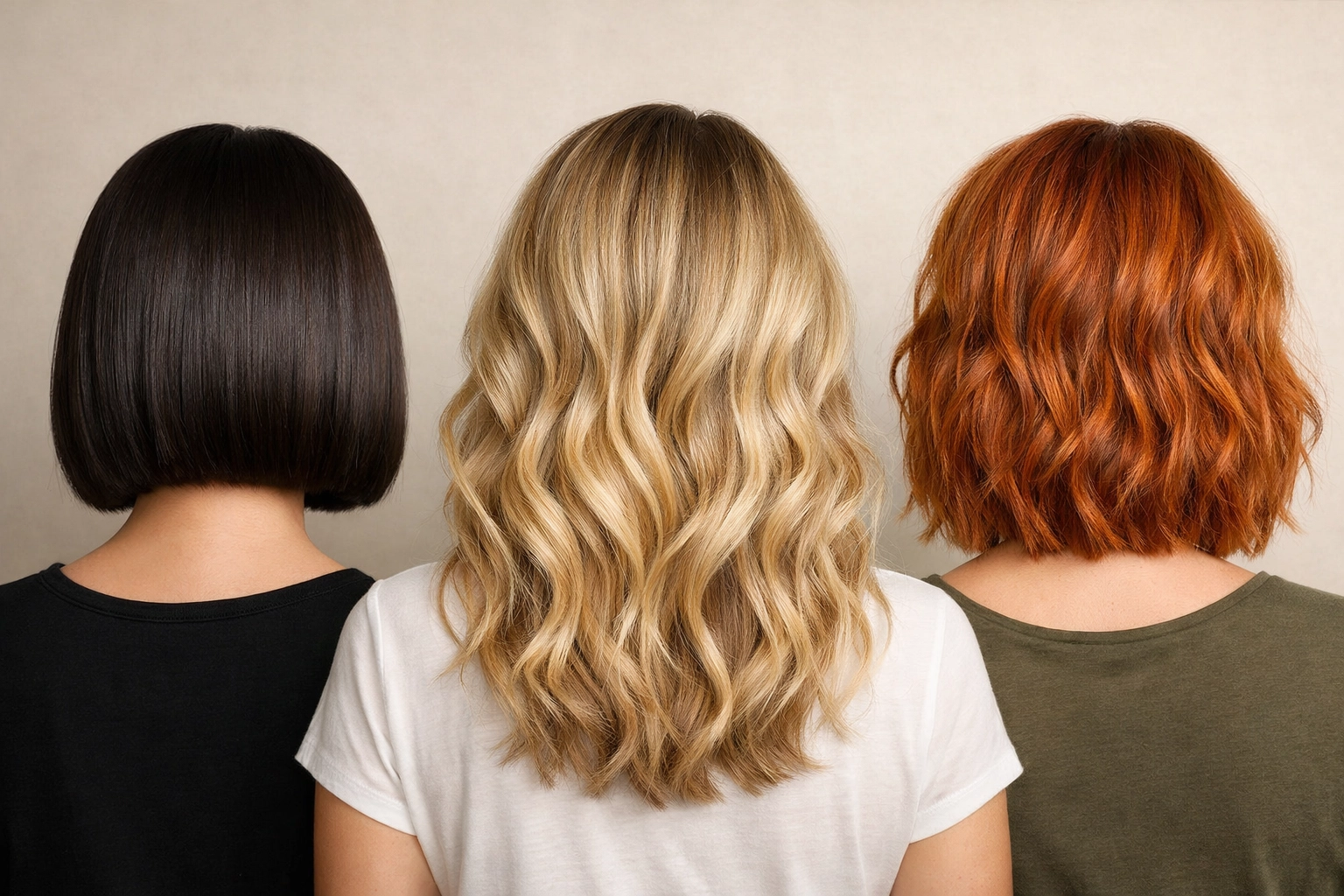 Three modern hair styles including an espresso bob and blonde balayage from our hair salon in Concord NH.