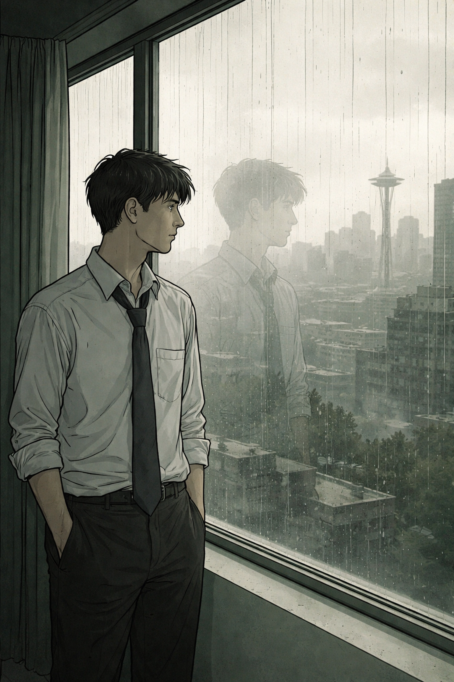 A lonely man gazes out a rainy Seattle window, reflecting on his disconnected life in The Granite Creek Vet.