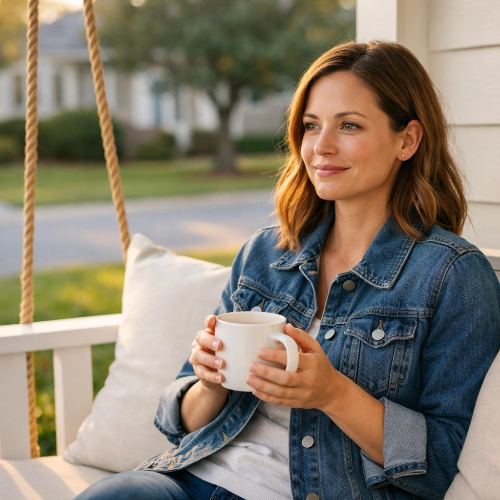 Woman in her 30s enjoying morning coffee in a quiet Concord NC suburb.