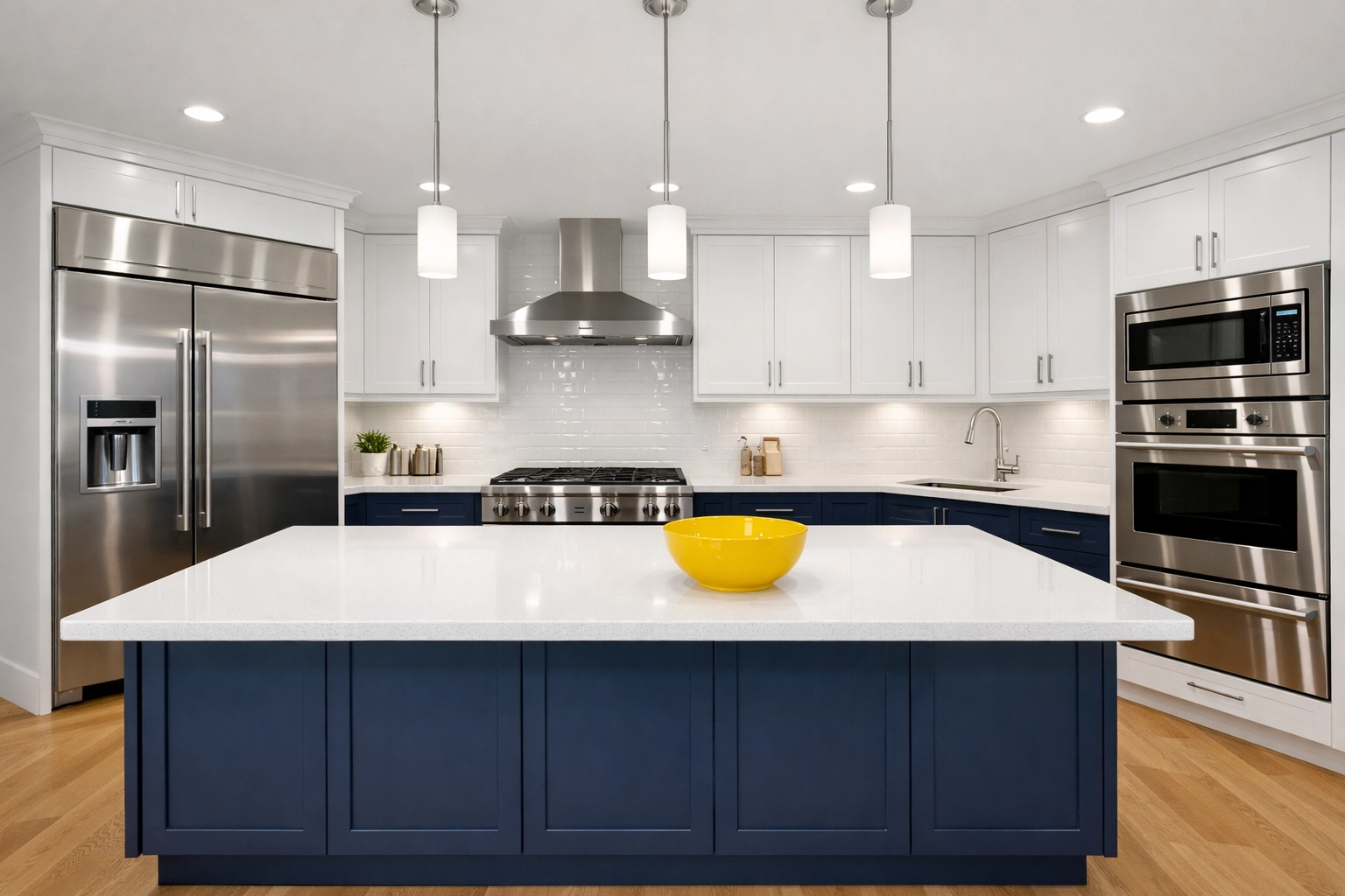 Spotless modern kitchen with white countertops, reflecting professional move-in cleaning in Beverly.