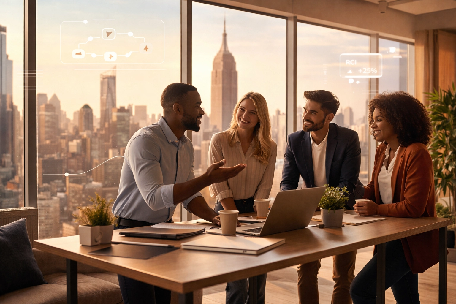 Business team discussing process improvements in a Manhattan coworking space with New York skyline view, demonstrating psychological safety and open communication.