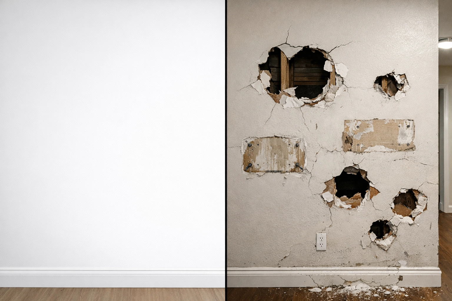 Before and after comparison showing wall damage from mounted pull-up bar removal