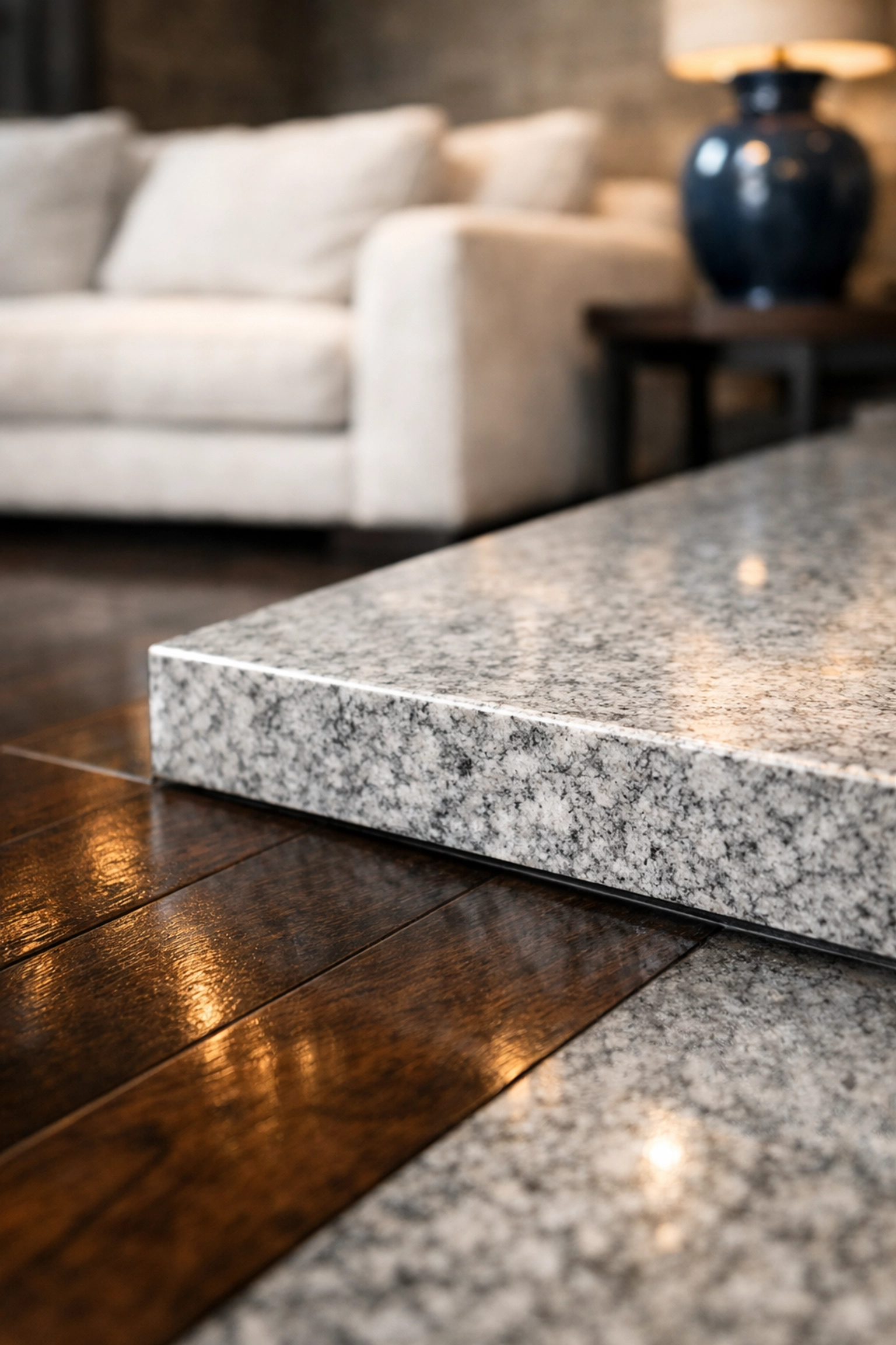 Polished hardwood and granite island showing expert care during House Cleaning Lowell MA.