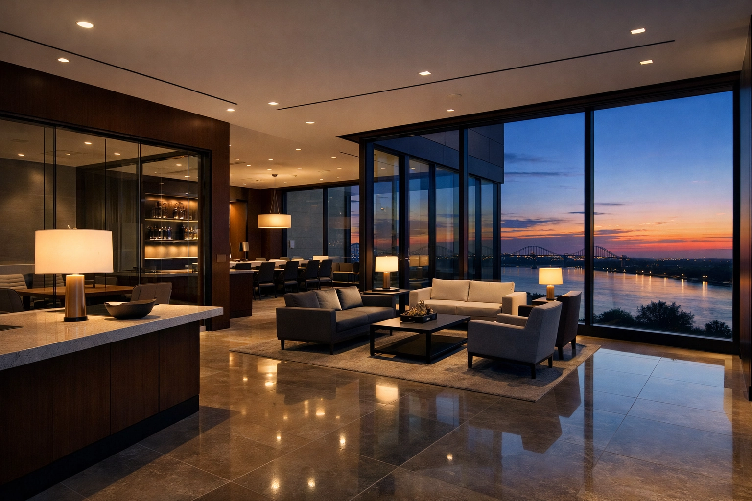 Modern Jackson MS office interior during a confidential after-hours business sale site visit.