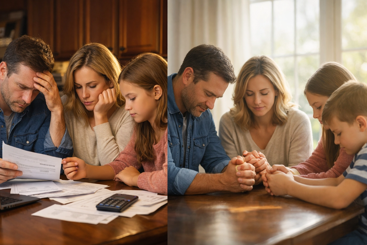 Family praying together over financial concerns, demonstrating faith and trust
