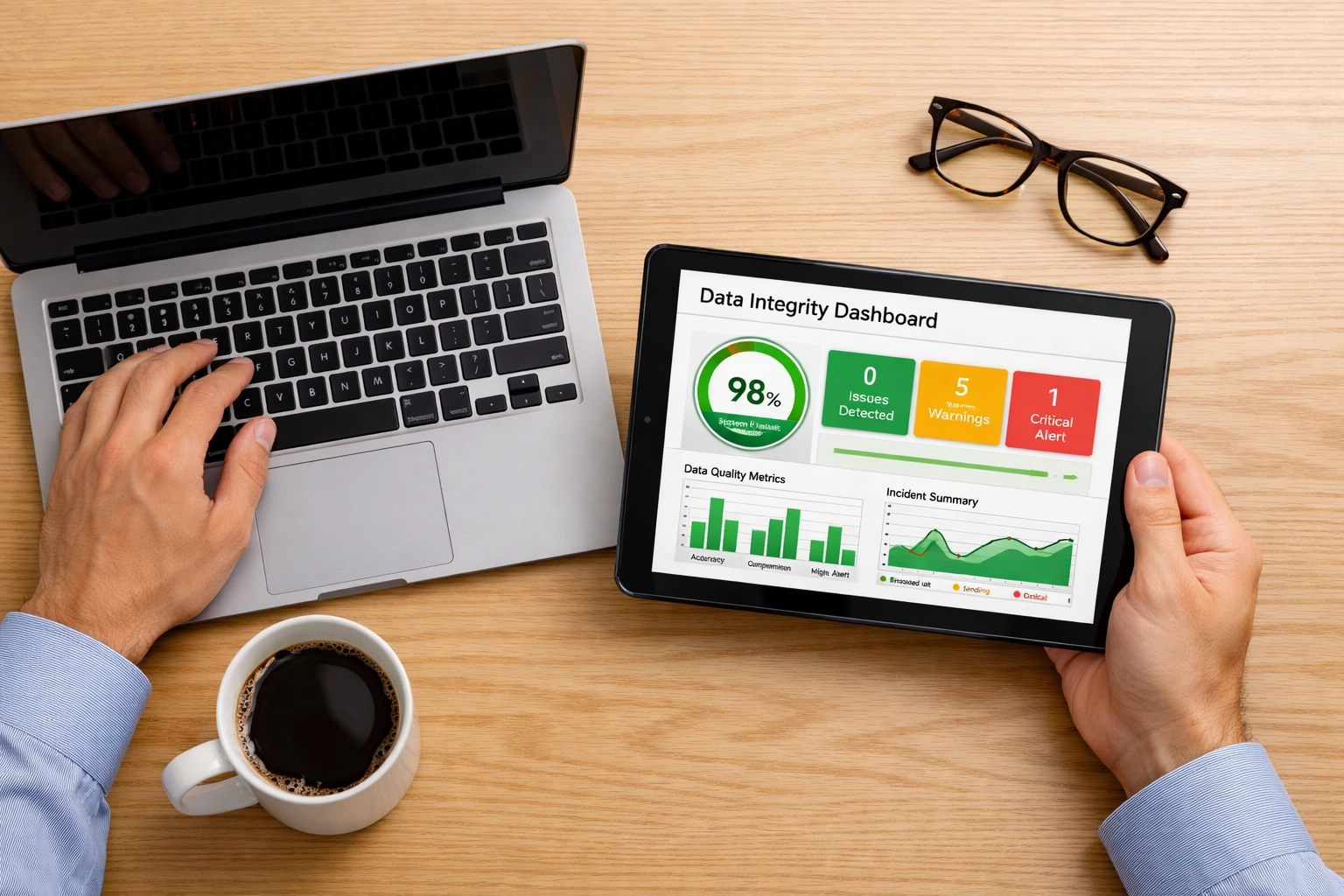 Professional monitoring a ServiceNow ITOM data integrity dashboard on a tablet at a clean workspace.