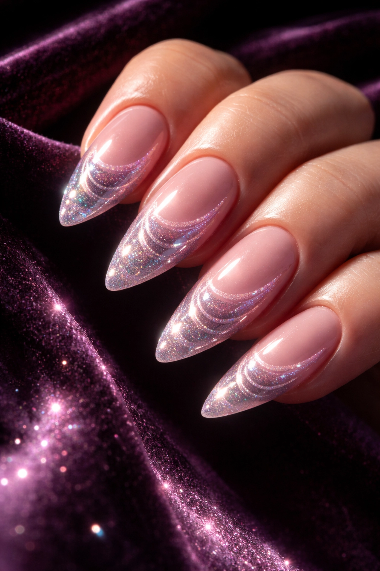 Mesmerizing pink cat eye French tip nails with iridescent shimmer, highlighting Japanese gel trends near Norwood MA.