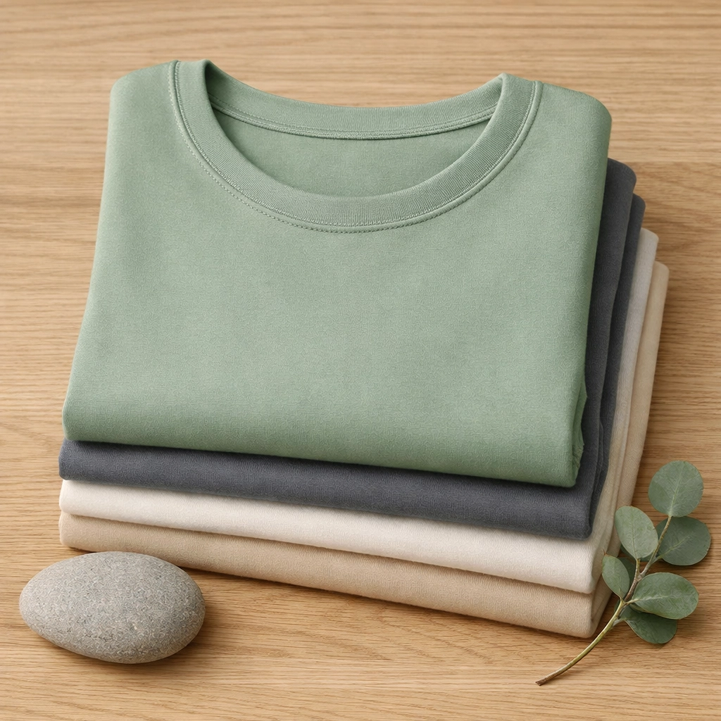A stack of soft, tagless sensory clothing in muted colors to reduce visual and tactile overstimulation.