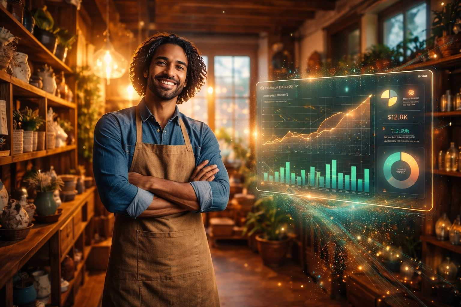 Small business owner in boutique shop with crypto payment analytics dashboard highlighting Web3 merchant growth