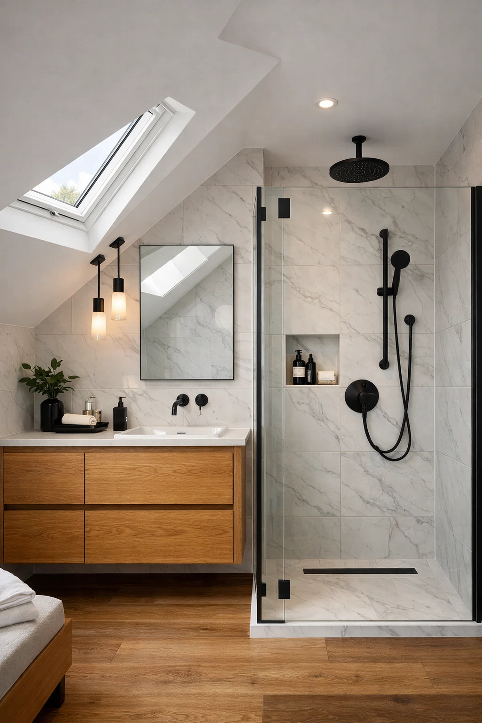 Modern loft en-suite bathroom with marble tiles and matte black fixtures in a North London home.