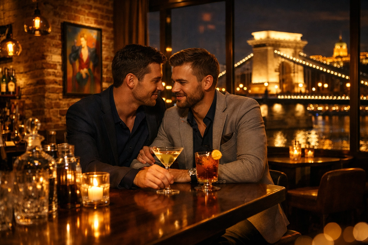 Elegant gay bar in Budapest overlooking the Danube River with intimate conversation
