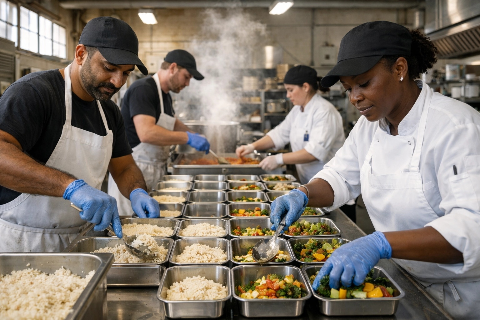 High-volume food truck consulting team prepping ingredients in a commercial commissary kitchen for efficient scaling.