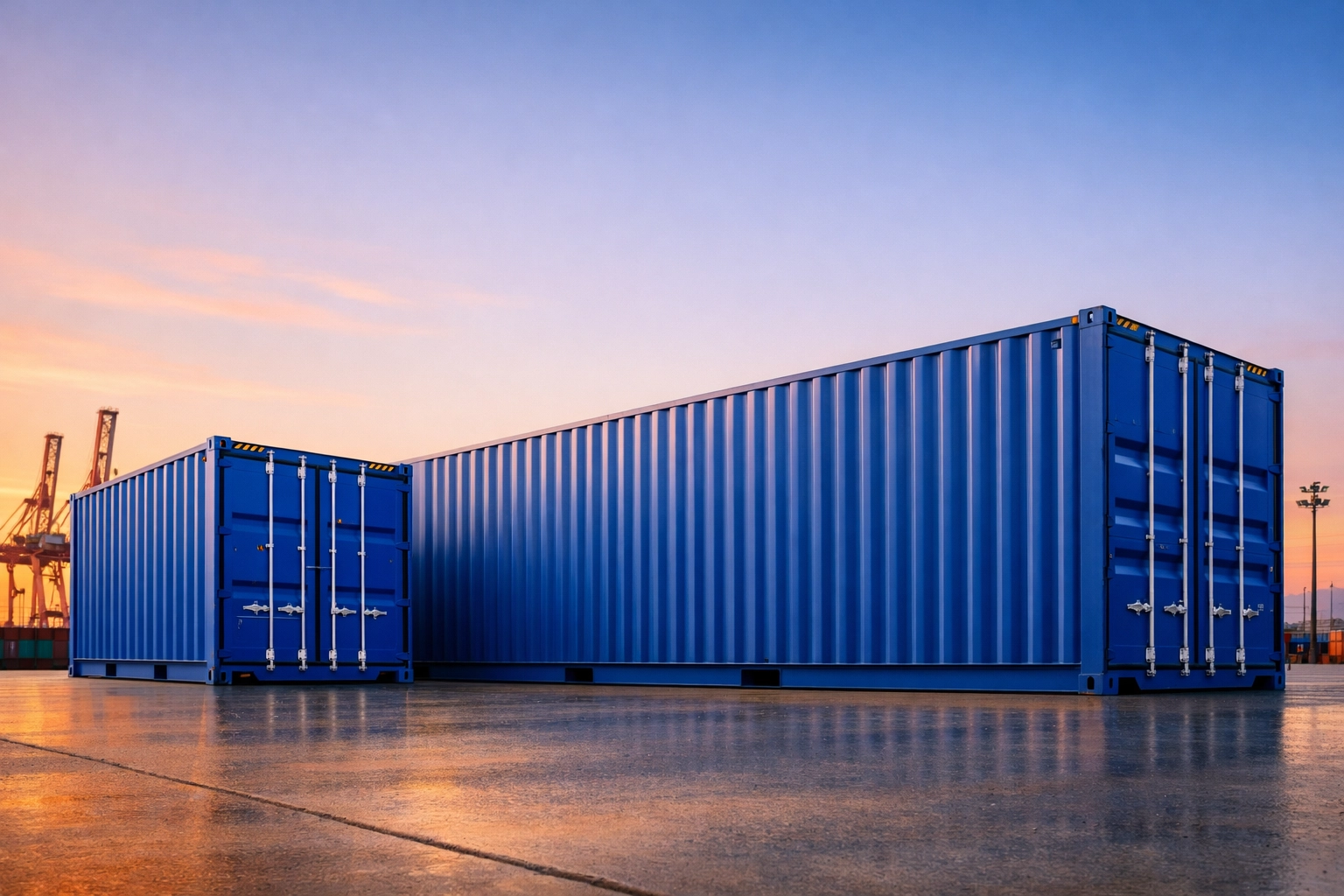 20-foot and 40-foot shipping containers at port showing size comparison for ocean freight