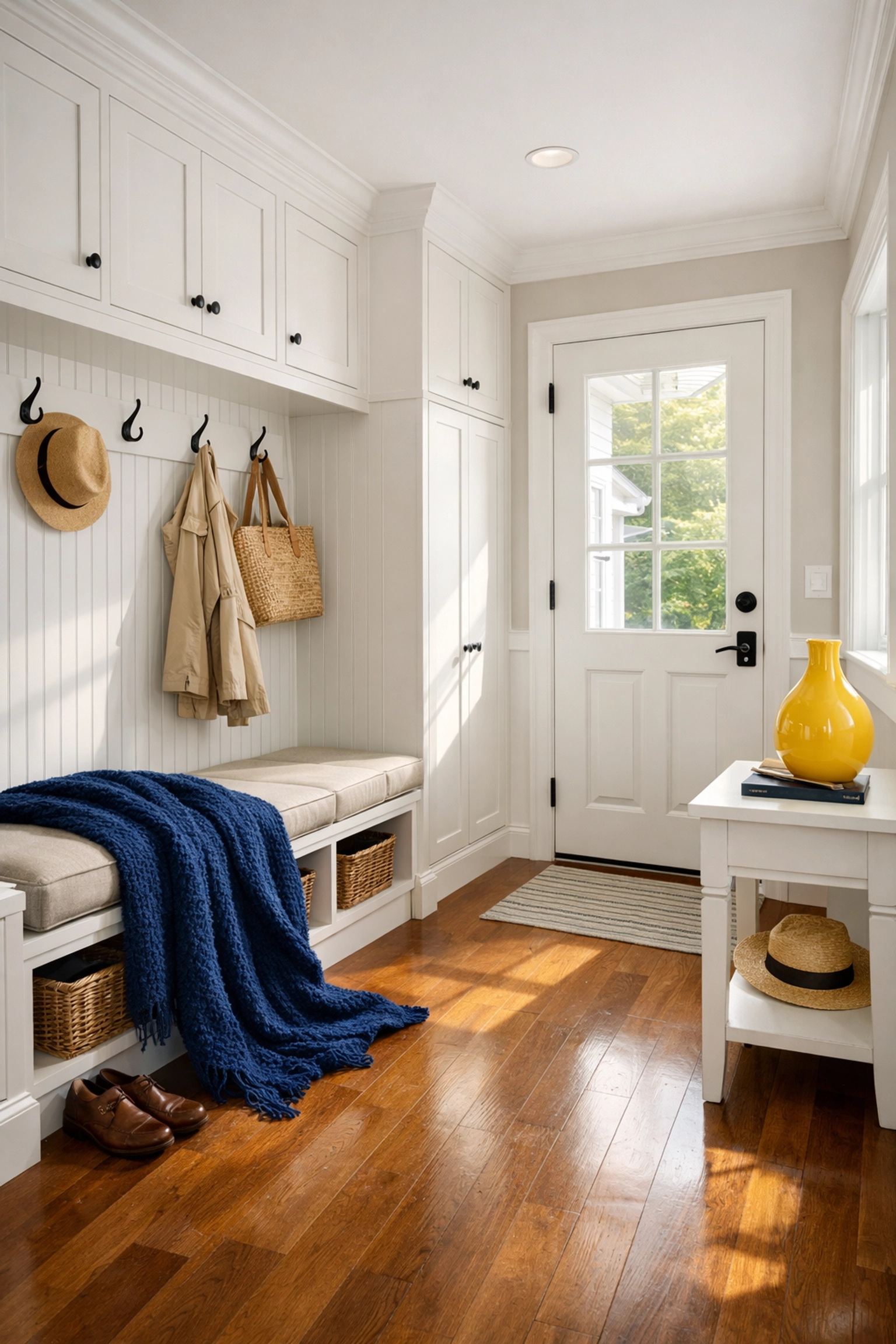 Organized mudroom in a Stow home after a professional weekly house cleaning service.